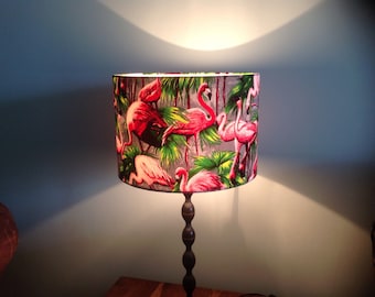Hand made rolled-edge flamingo fabric lamp shade