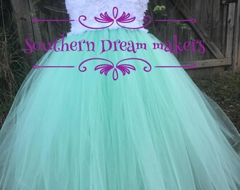 Flower girl Tutu Dress, Shabby Chic flower girl dress, MINT GREEN white Flower girl dress, Wedding Dress, Mint green White tutu