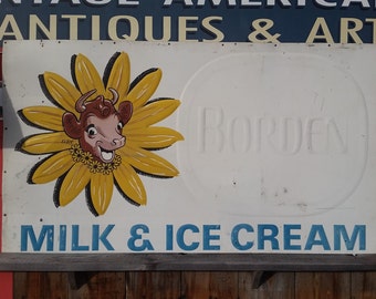 Large 70 x 40 Vintage Embossed Borden's Milk and Ice Cream Sign with Elsie Logo