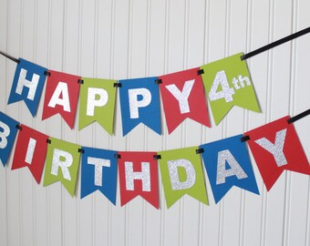 Silver Blue Red Green Happy 1st Birthday Banner/super hero party/Child Birthday/ Party Decoration/Personalized Name/PJ masks party