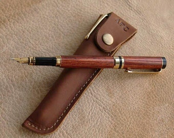Handmade Rose Wood Wooden Fountain Pen + Personalized Fine Leather Pen Sleeve Made in USA