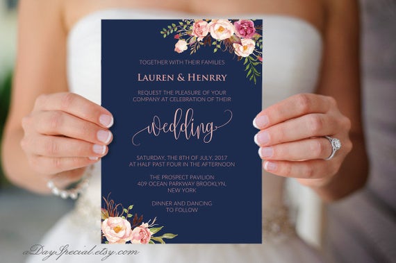 letter y invitation Navy Wedding Chic Floral Invitation Coral Boho Template Pink