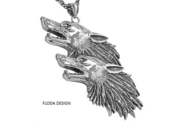Large Howling Two Wolf Pendant Necklace in Sterling Silver, Wolf Jewelry, Animal Jewelry FD-34-2(2)