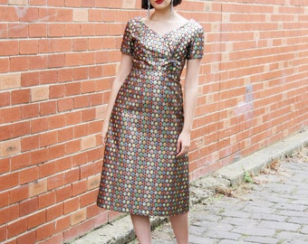 Vintage 1950s Hollywood Dress / Sparkle 50s Wiggle Dress / Mosaic Gemstone Glitter Dress / Bow Detail / XS/S