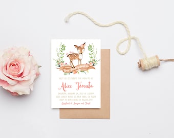 Deer Baby Shower Invitation Girl, Woodland, Boho Flower Printable Invite (576)