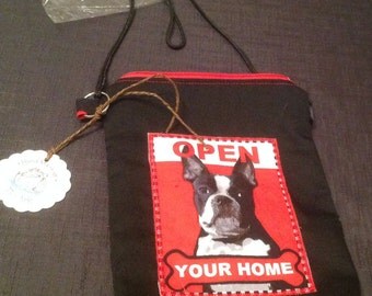 Cross body Pouch Tote Bag Rescue Adopt dog animal Lined Boston terrier