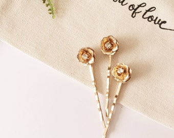 Set of 3 Gold Flower Bobby Pins Small #174