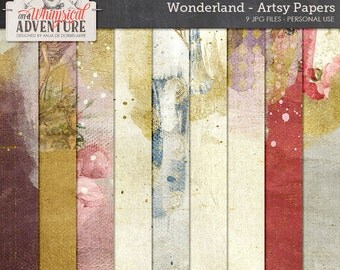 Inspired by Alice In Wonderland, Artsy Digital Scrapbook Papers, Mixed Media, Instant Download, Scrapbooking, Fairytale, Paper Crafting,