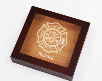 Engraved Humidor Cigar Box, Etched Fireman Gift Boxes, Personalized Maltese Cross, Firefighter Gifts, Fire Department, Women Firefighters
