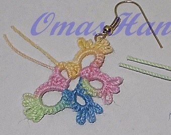 Tatted lace butterfly earrings, ear rings, multi colored rainbow pink, green, yellow and blue variegated spring colors, Easter tatting gift