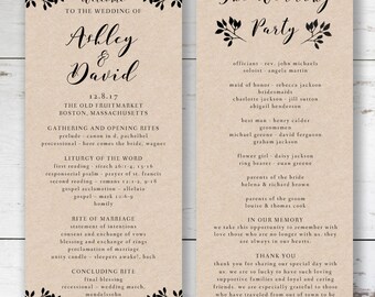 Printable Wedding Program, Wedding Program Template, Rustic Wedding Program, Instant Download, Order of Service, Print on Kraft