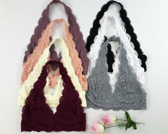 PLUS Size Scalloped Halter Lace Bralette - More colors, plus size lacy bra crop top XL XXL, halter neck bralettes