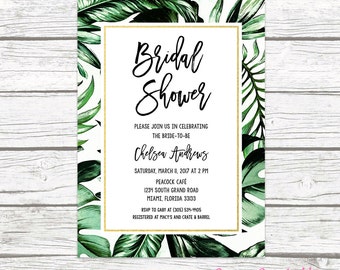 Tropical Bridal Shower Invitation, Tropical Invitation, Palm Tree Leaf Bridal Shower Invite, Tropical Wedding, Printable Wedding Invitation