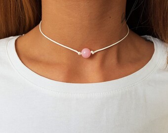 Light Pink Jadeite, Jadeite Choker, Jade Choker, Gemstone Choker, Choker Necklace, Boho Choker, Bohemian Choker, Single Bead Choker, Thin