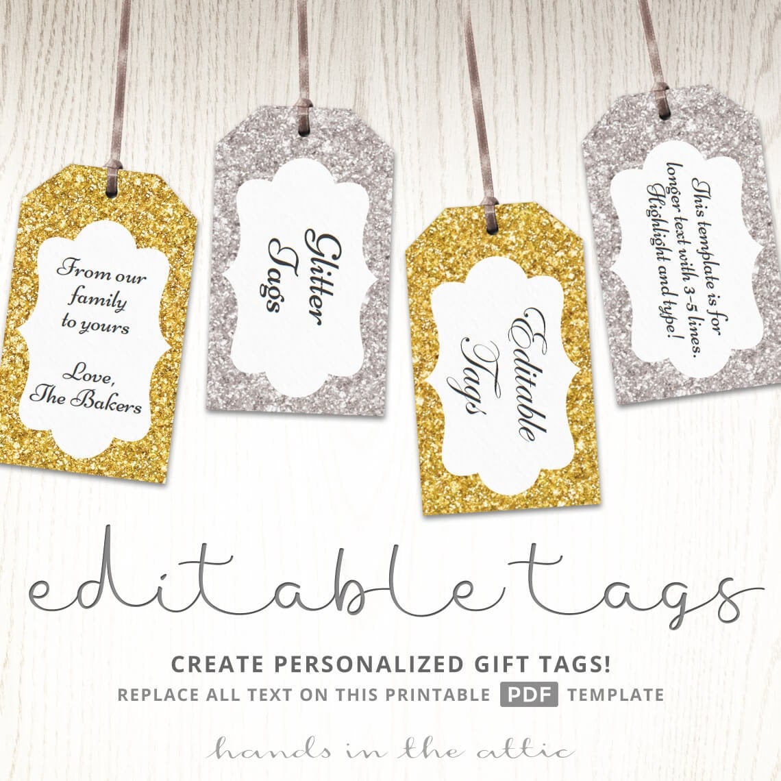 Glitter gift tags gold silver printable editable template