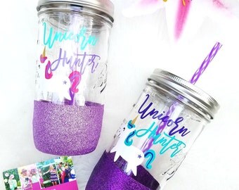Unicorn Hunter Glitter Mason Jar Tumbler // LulaRoe Consultant Tumbler