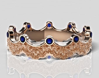 Rose Gold Sapphire Ring, Sapphire Rose Gold Ring, Rose Gold Crown Ring, Blue Sapphire Crown Ring, Gold Crown Ring,Unique Crown Ring,14K Gold
