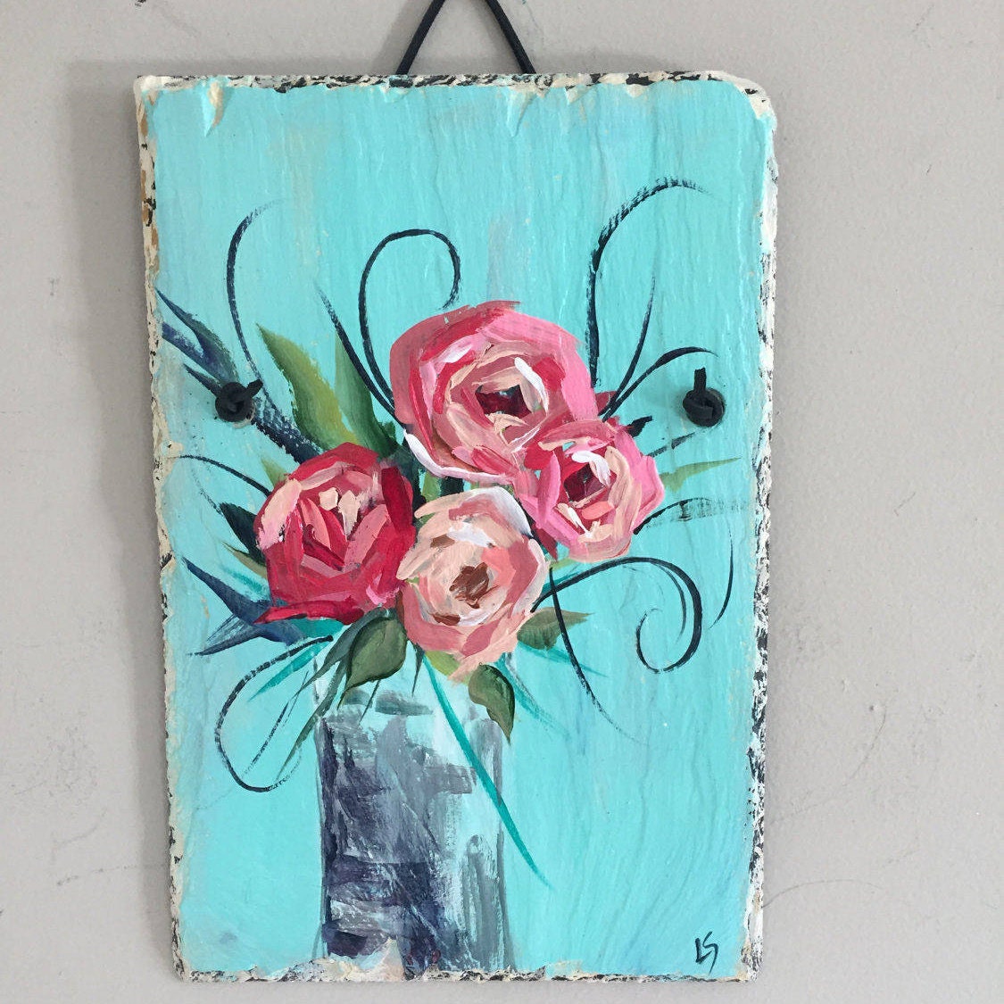 Red Roses Painted Slate wall hanging Garden Decor 8 X 12