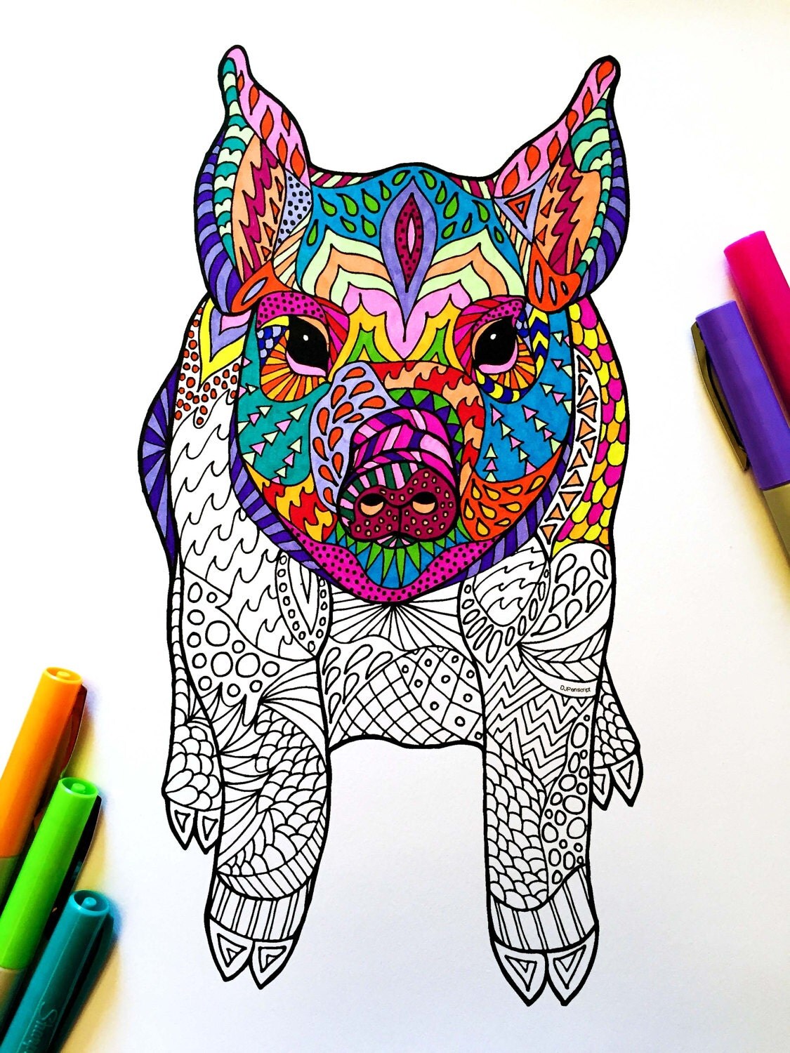 Sitting Pig PDF Zentangle Coloring Page