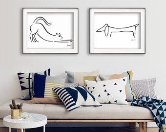 Picasso Print Set, The Dog Picasso, Picasso Dachshund, Picasso Cat Print, Instant Download Print, Picasso Line Drawing, Minimalist Print,