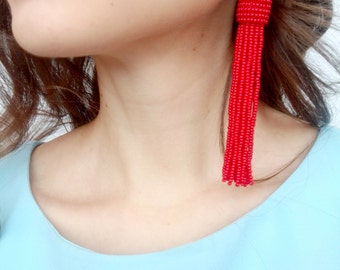 Red beaded tassel earrings,Beaded earrings in Oscar de La Renta style, long tassel beaded earrings, oscar de la renta tassel earrings