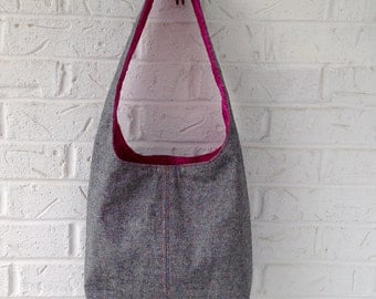 Gray Shoulder Bag / Gray Linen Handbag / Fabric Bag / Handmade Bag / Gray purse / Boho style bag / Gray and pink bag / Knitting project bag
