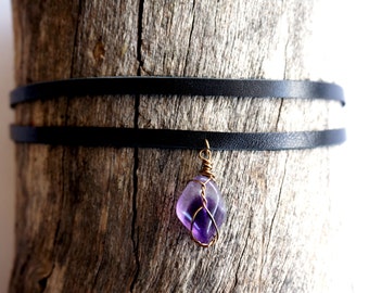Black Double Leather Choker with Wire Wrapped Amethyst Pendant - Black Pendant Choker - Charm Choker -Wire Wrapped Pendant -Amethyst Choker