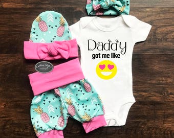 First Father's Day, Baby Girl Summer Outfit, Teal Shorts With Pink Pineapples & Cuffs, Hat and Headband, Baby Girl Shorts, Father's Day Gift