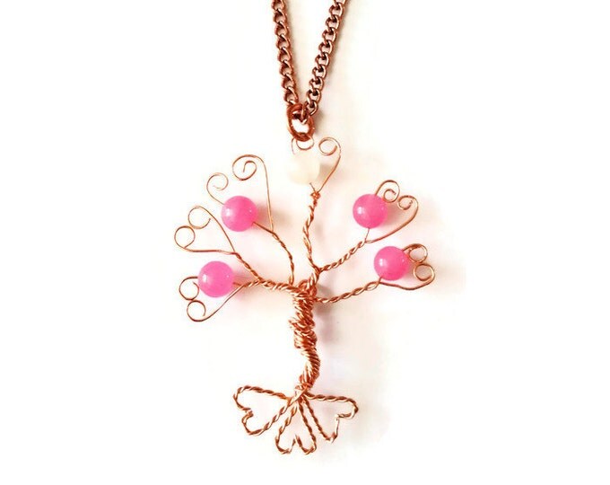 Pink Candy Jade and Copper Floating Tree of Life Pendant Necklace. Valentine's Day Heart Tree of Life Necklace. Pink Heart Pendant.