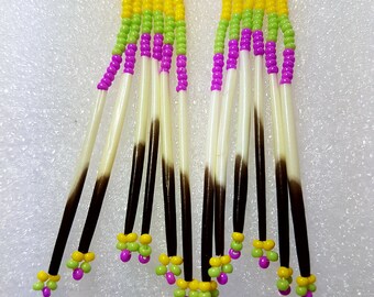 Porcupine Quill beaded earrings, Native american Dangle earrings, Beaded earrings, Earrings, yellow,green,pink, Handmade in Canada, Gifts