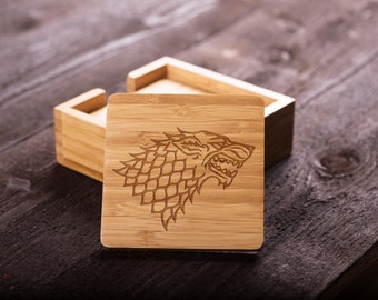 Game of Thrones Wooden Coaster Set, Bamboo, House Stark of Winterfell, Wedding gift for Couple, Shower, Corporate Gift Kitchen Decor #5003