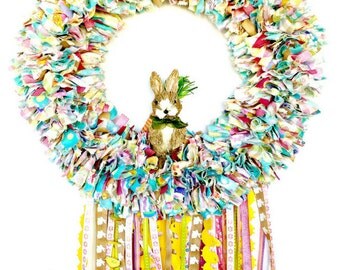 Easter Wreath, Rag Wreath, Bunny Wreath, Rabbit Wreath, Front Door Wreath, Door Wreath, Fabric Wreath, Ribbon Wreath, Pastel Wreath, Easter