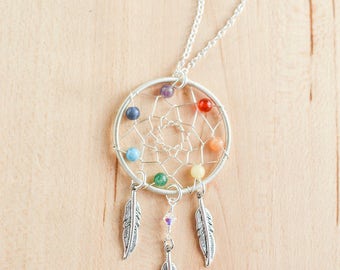 Chakra Dream Catcher Necklace, Yoga Jewelry, Reiki Jewelry, Gemstone Amethyst Necklace, Seven Chakras Pendant, Rainbow Pendant, Dreamcatcher