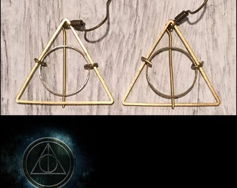Harry Potter earrings Deathly Hallows .. Brass dangle hoop earrings .. geometric triangle circle .. long minimalist refined funky fun shape