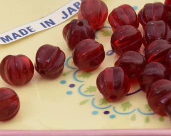 12 Ruby Red Melon Vintage Beads. 9mm Vintage Japanese Fluted Cranberry Glass Beads. Vintage Jewelry Supplies. Red Glass Pumpkin Beads.