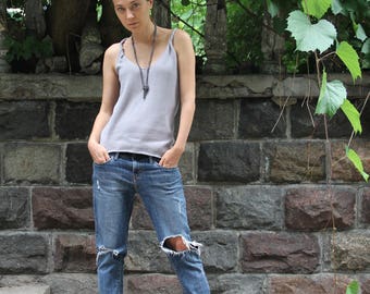 Deep V-neck tank top Plus size tank top Cotton tank top Loose tank Hipster tank top Knit tank Grey tank Cozy tank top Summer sweater tank