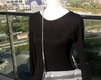 Evening clutch Grey silver Boho style wrist and cross body bag, Shipping included