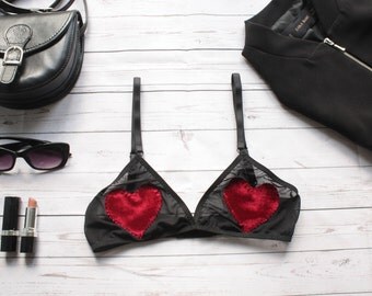Black Heart Applique Sheer Bralette - Applique Sheer Velvet Bra - hanmade mesh see through lingerie