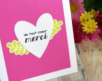 Handmade French Thank You Card - Hand Stamped Merci Card - French Merci Card - Hand Made Thank You Card in French - Card with Heart
