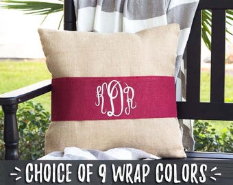 Living Room Pillows, Monogrammed 3 Letter Monogram Pillows, Burlap PIllow Wraps, Throw Pillow with Red Accent, Going Away Gift, 508012232