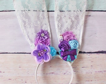 Bunny Ears Headband - Lace Bunny Ear Headband, Easter Bunny, Easter Headband, Lace Ears, Bunny Ears, Flower Bunny Ears, Flower Crown, Lace