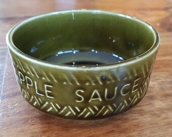 Vintage Crown Devon 'APPLE SAUCE' pot. Dark olive green glaze with a basket weave effect, Made in England, 1960's pottery