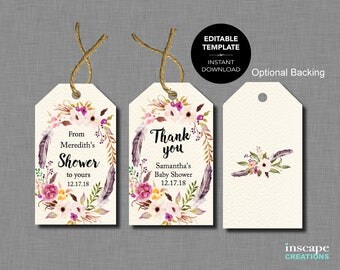 Boho EDITABLE Baby Shower Favor Tags, EDITABLE TEMPLATE - From My Shower To Yours - Favor Tags, Rustic Bohemian Feathers Baby Shower Tags