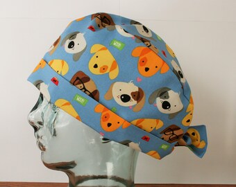 Dogs, Dog Heads, Puppies, Animals, Pets, Cartoon Dogs, Surgical Cap, Scrub Hat, Women's Tie Back Hat, Scrub Caps By Daisy
