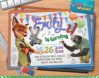 Zootopia Invitation, Zootopia Birthday Party, Cartoon, Personalized, Printable, Ballpoint Pen Drawing On Grid Paper, Digital File