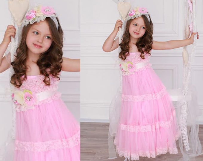 PICK COLOR Girls Long Maxi Dress Set: Turquoise, Ivory, White, Red, Aqua, Pink, Champagne, Dusty pink, baby girls long dress, birthday dress