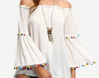BOHO HEROINE FASHIONS: White Off-The-Shoulder Top w/Colored Pom-Pom Trim, Bell Sleeves