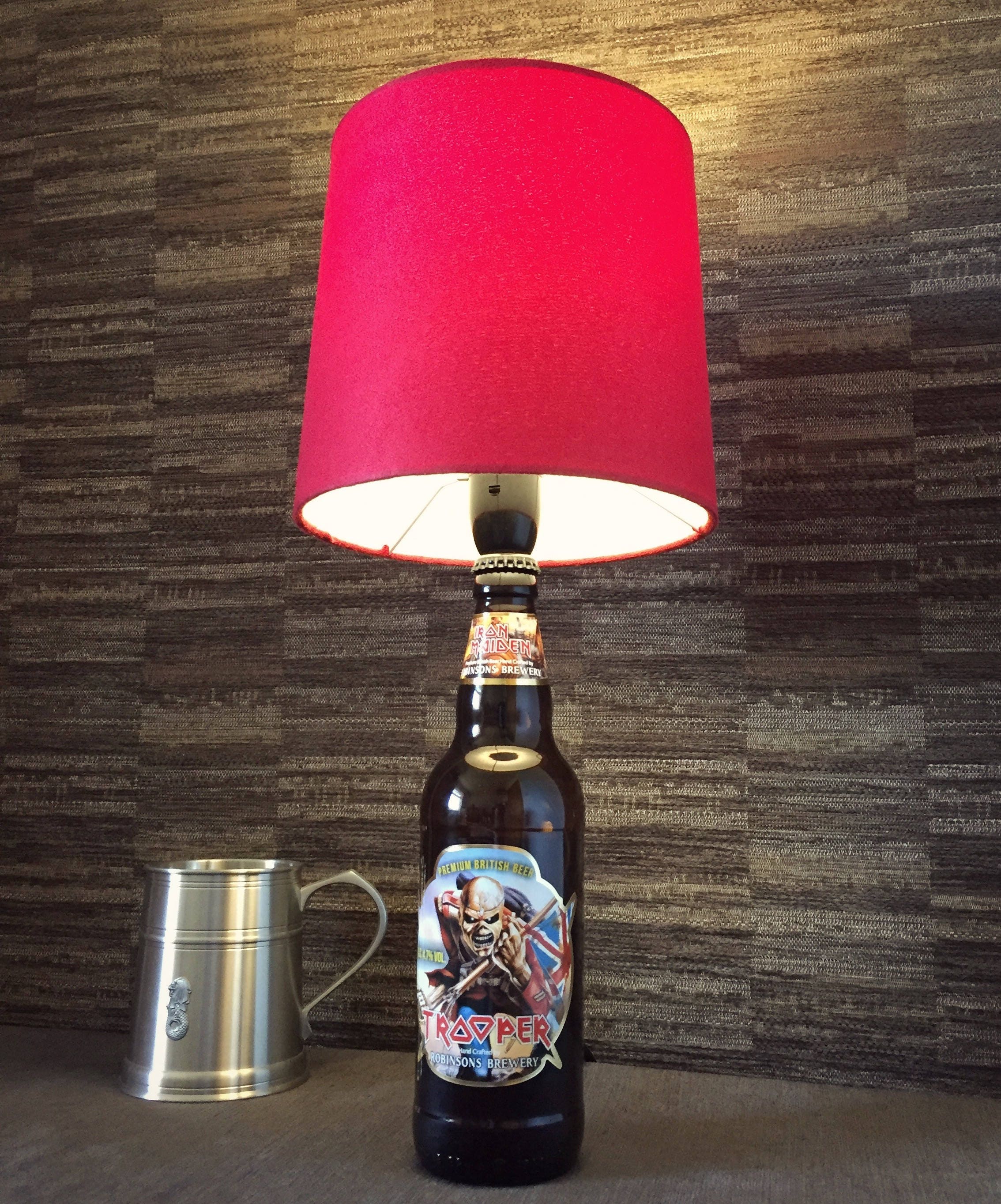 Trooper Beer Bottle Lamp With Red Lampshade Upcycled