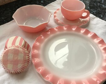 Hazel Atlas Pink Ripple Glass Dinnerware Vignette
