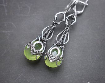Silver green chalcedony earrings // Wire wrapped silver earrings // Long silver green earrings // Green stone silver earrings // Grass Green